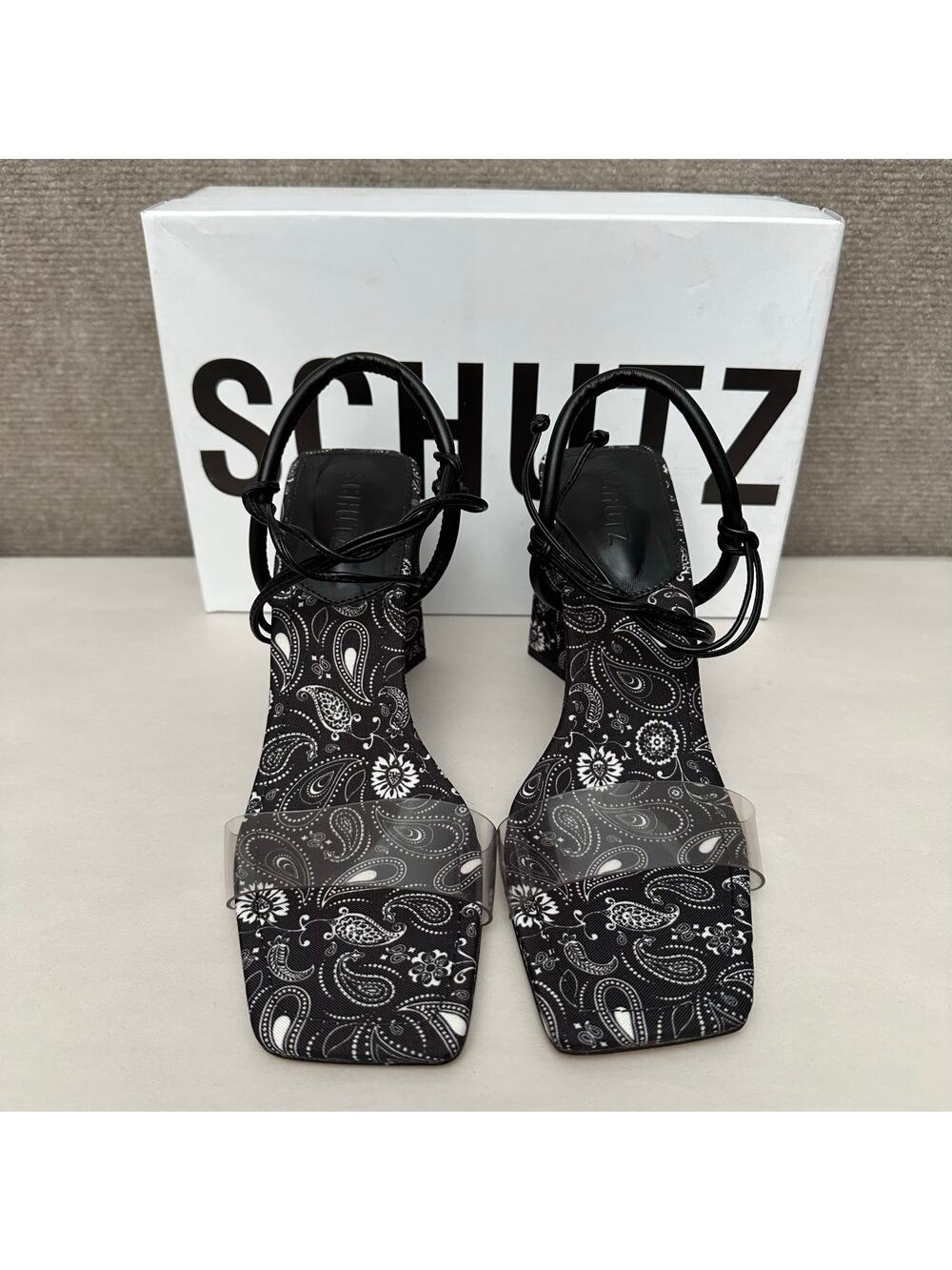 Schutz Mayla Paisley Block Heel Sandals Black White Lace Up Clear Strap 9B NIB